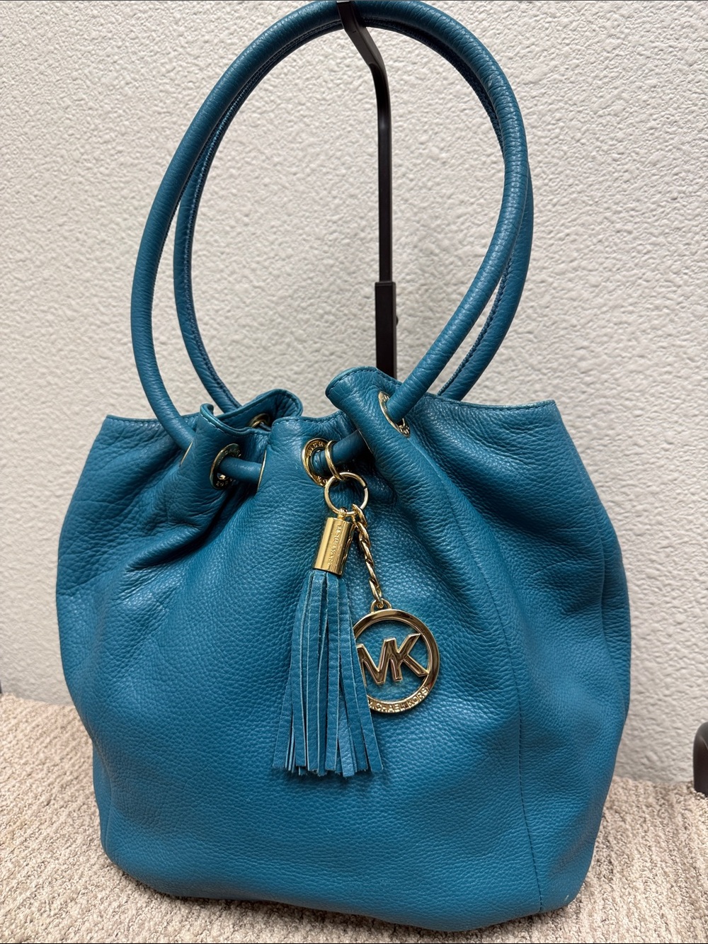 Vintage Michael Kors Teal Pebbled Leather Shoulder Bag with Tassel Charm